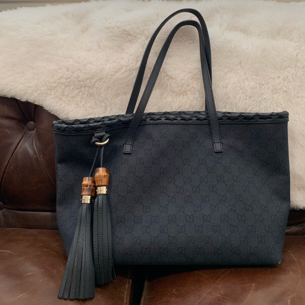 Gucci Gg Monogram Bamboo Tassel Black Canvas Tote